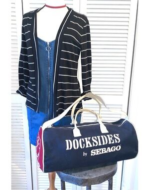 Vintage 70s Sebago Docksides Canvas Duffle Bag Navy Nautical Yachting